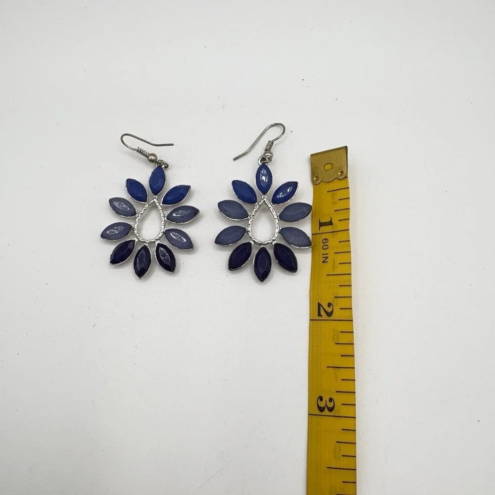 Boho‎ Dangle Earrings Blue Marquise Stones Silver Tone Teardrop Flower Design